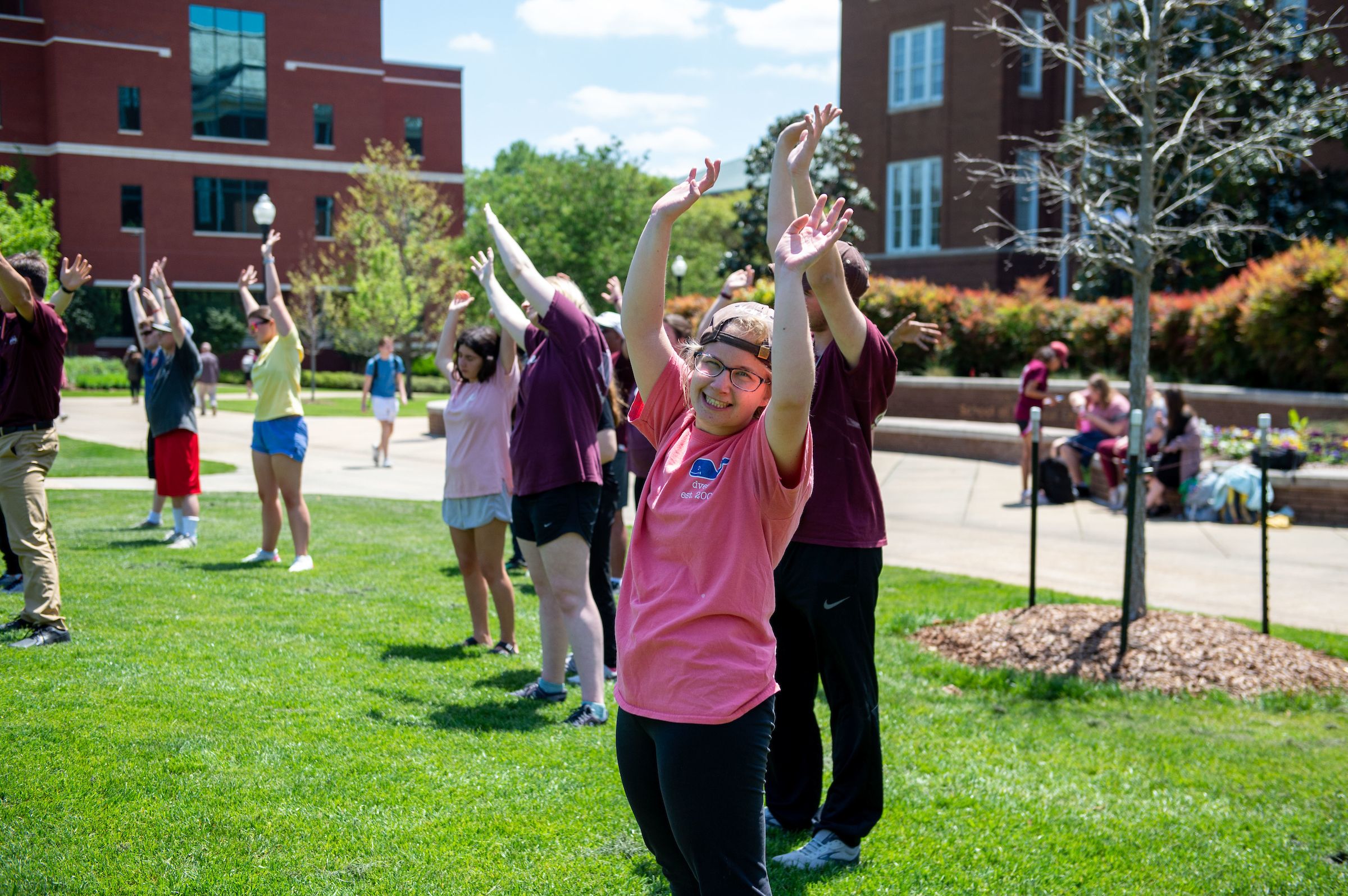 Students exercise on Drill Field
