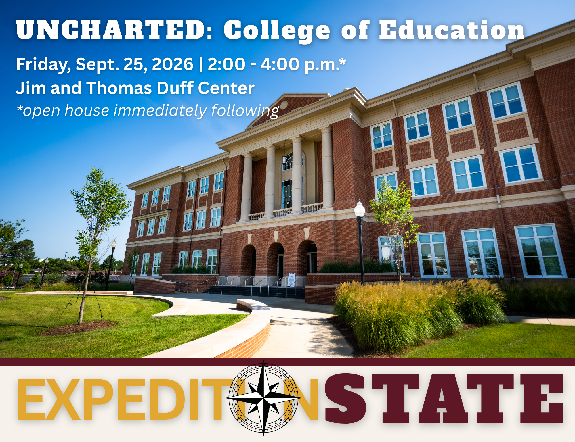 Graphic about Expedition State with Duff Center in the background