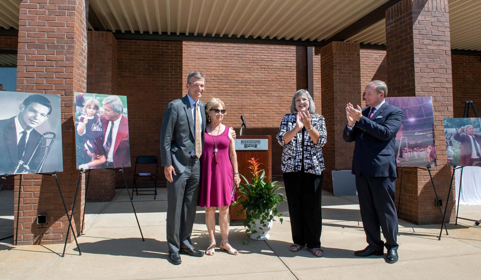 At the Sept. 10 building dedication of MSU's Kent Sills Band Hall, Dr. Allen Sills, left, and his mother, Nora.