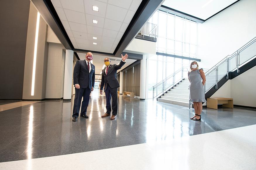 MSU President Mark E. Keenum, left, SOSD Superintendent Eddie Peasant, center, and Partnership Middle School Principal.