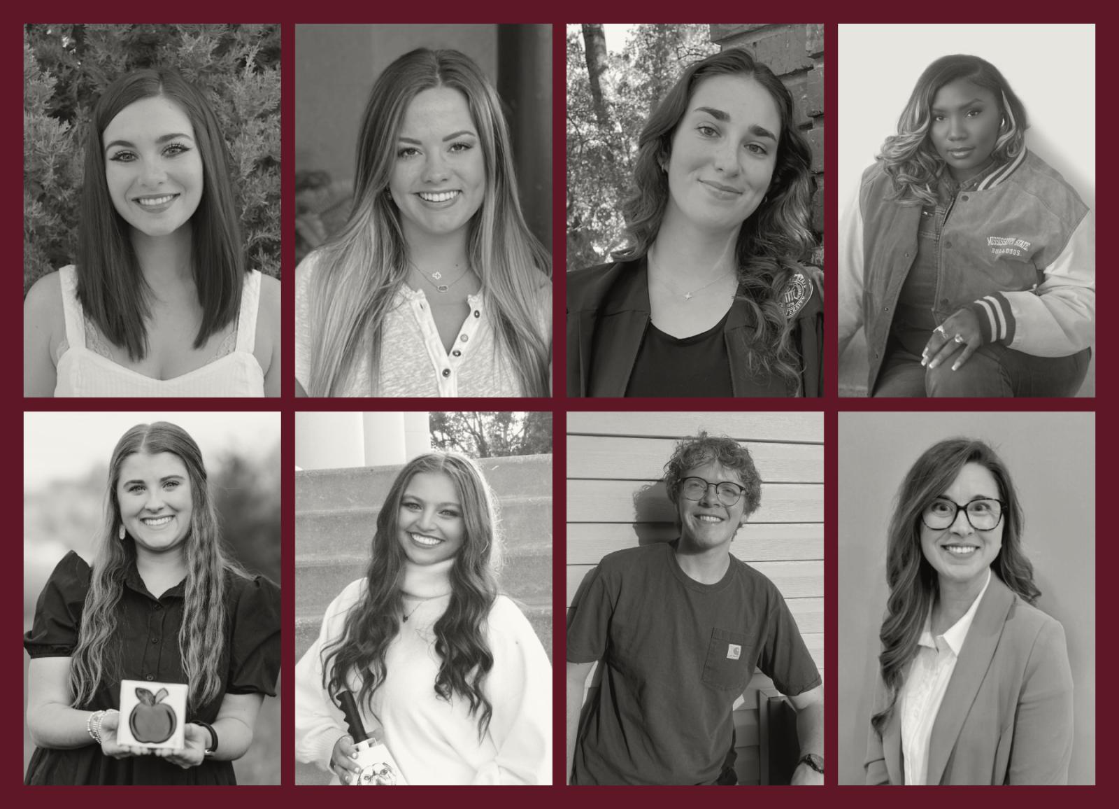 Headshots of eight students in a grid on a maroon background