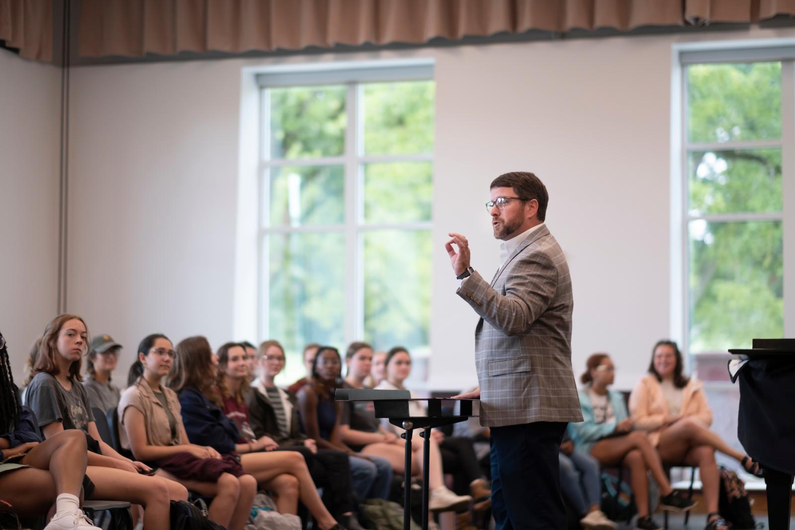 MSU faculty member teaches class in choral hall