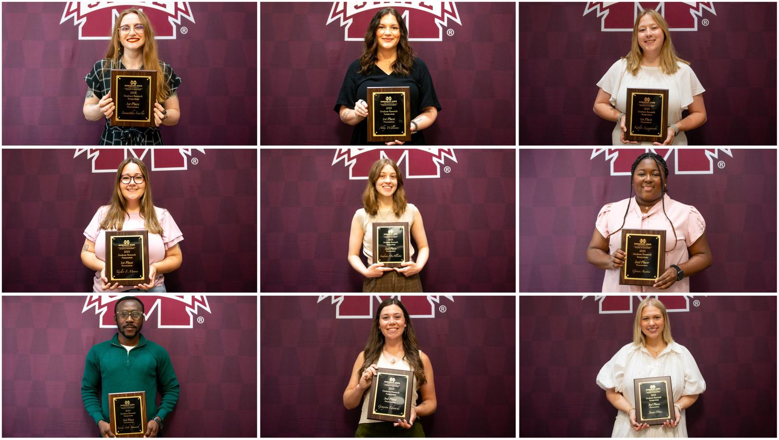 Grid of nine students holding plaques