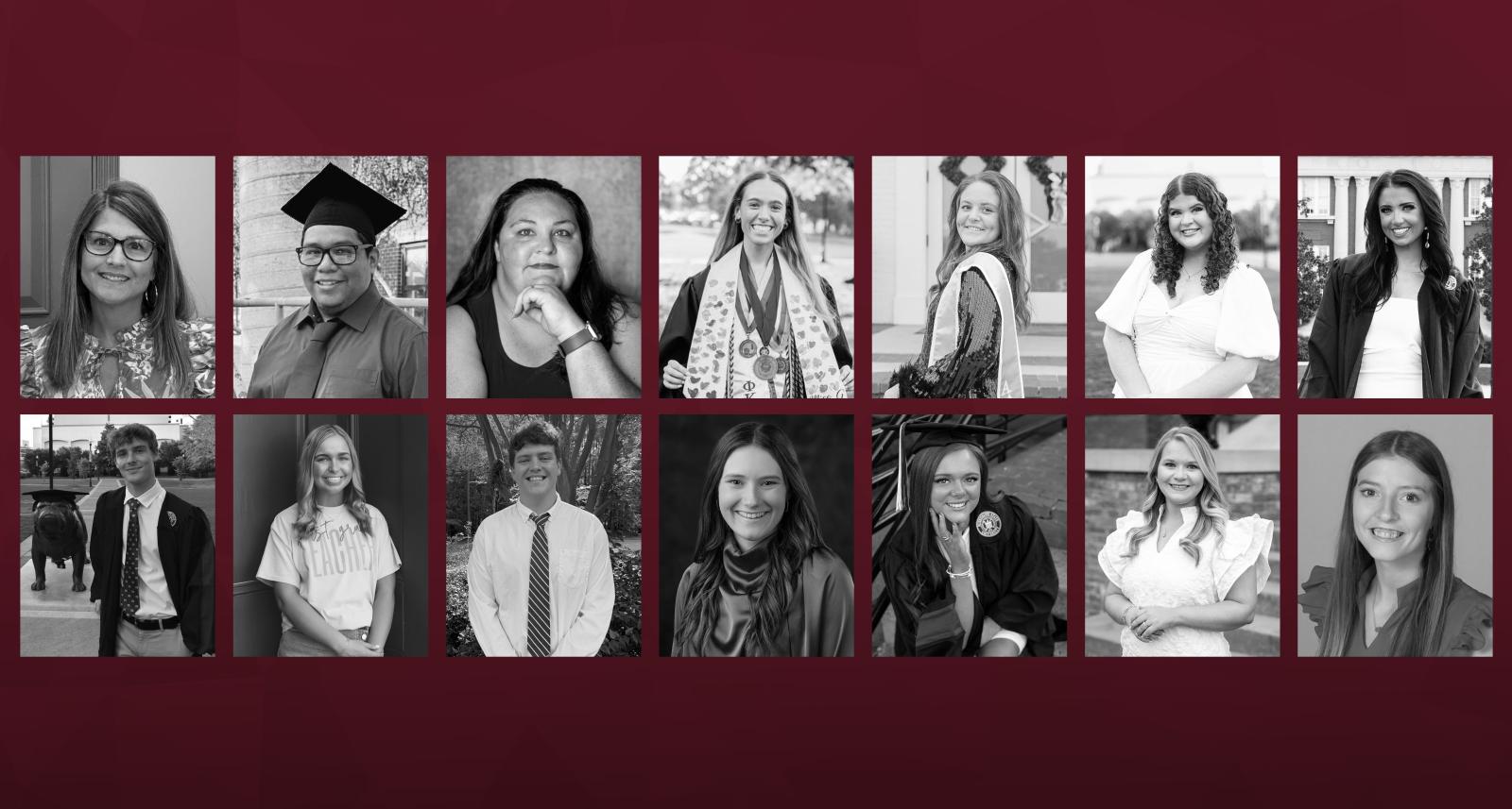 Headshots of 14 students on a maroon background
