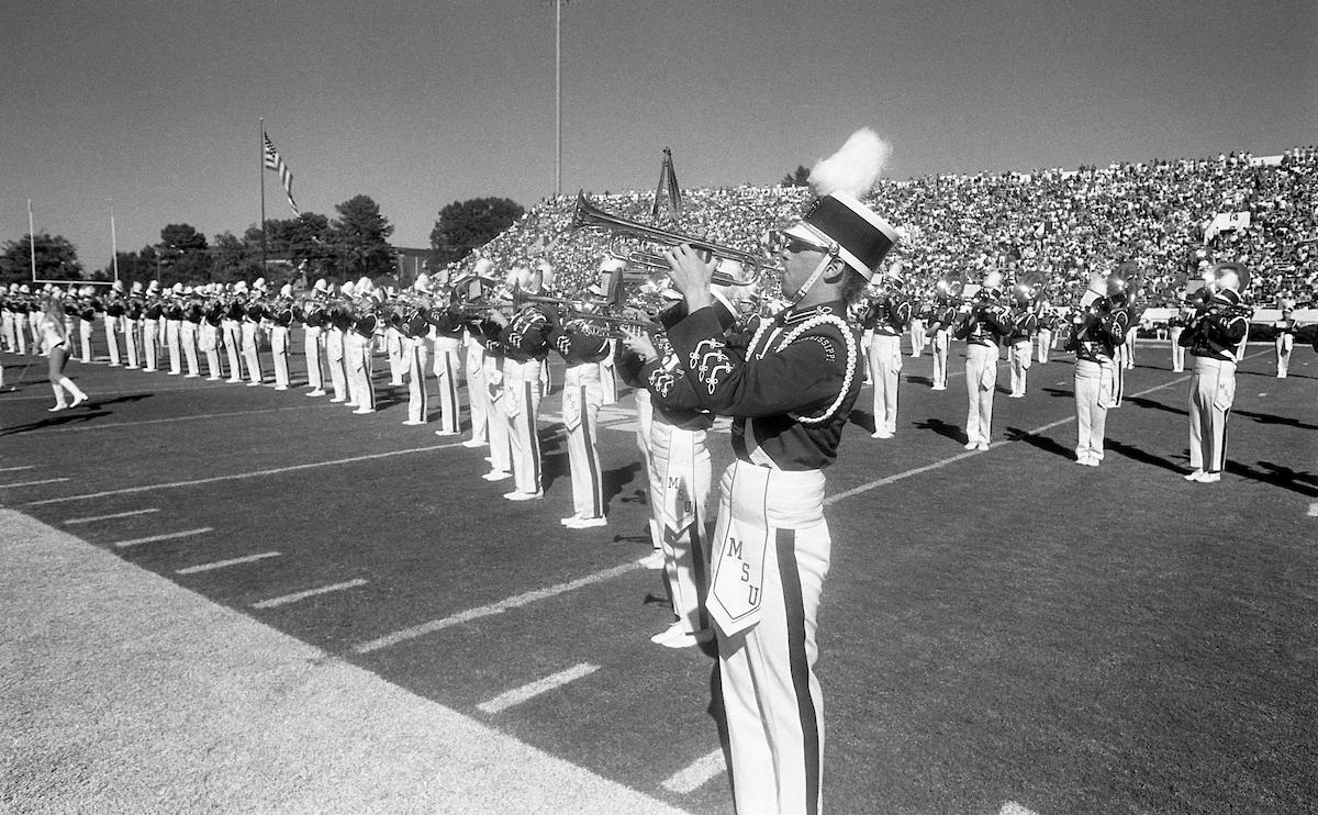 Historical photo of band at halftime