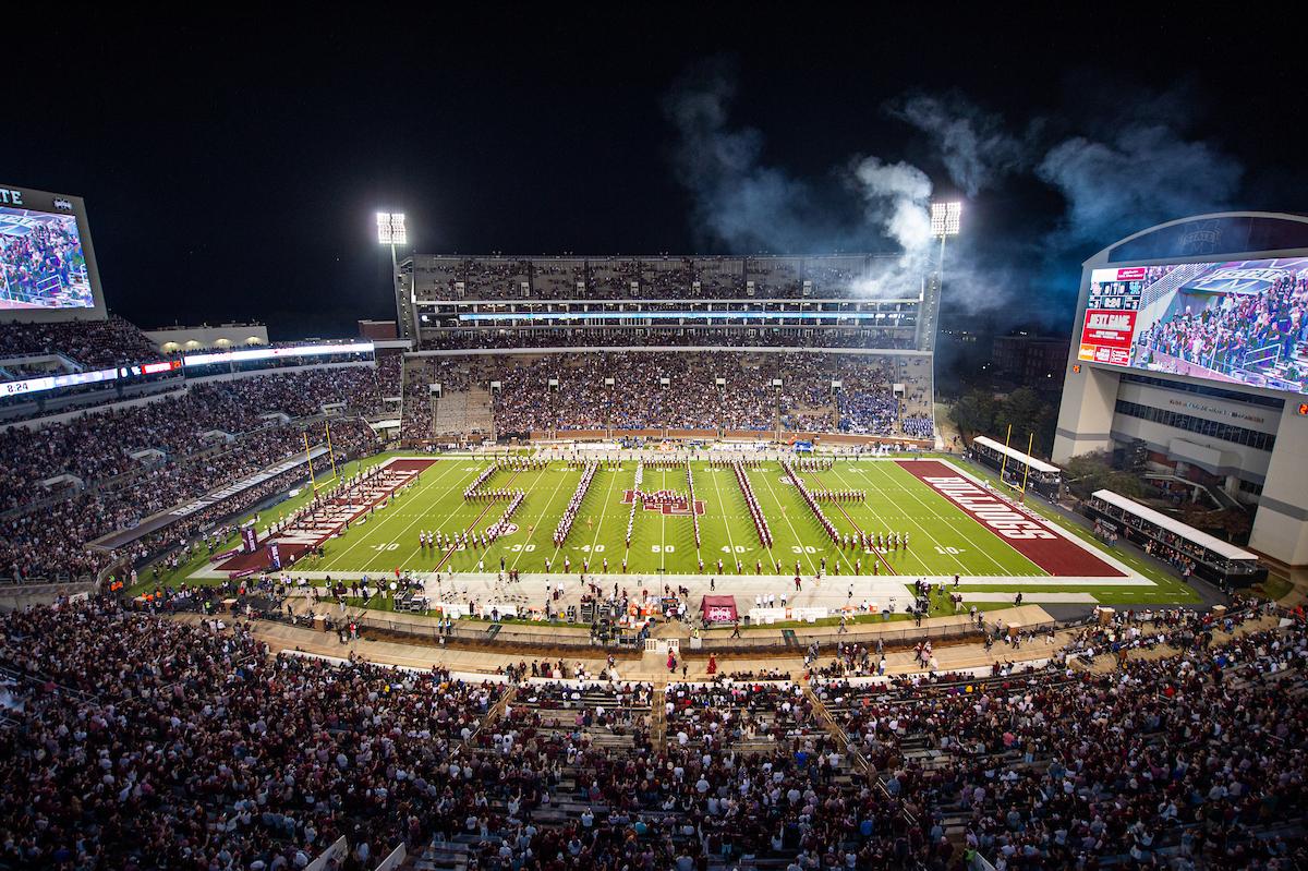 Band STATE spell-out on the football field