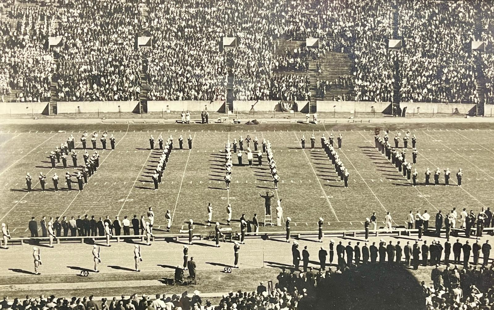 Historical photo of the band STATE spell-out on the football field