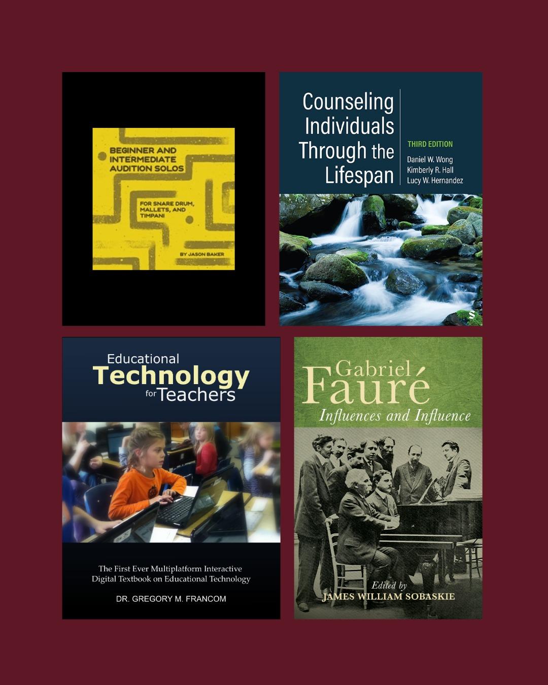Four book covers on a maroon background