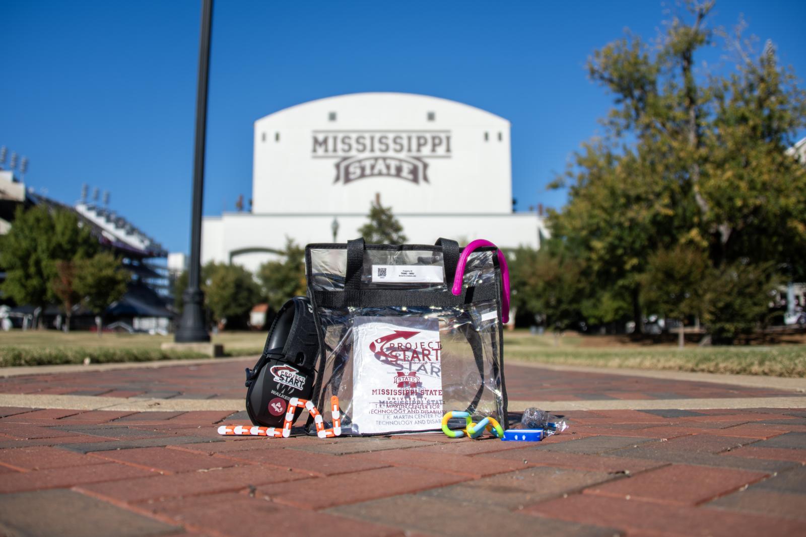 Sensory bag on the ground in front of the football stadium